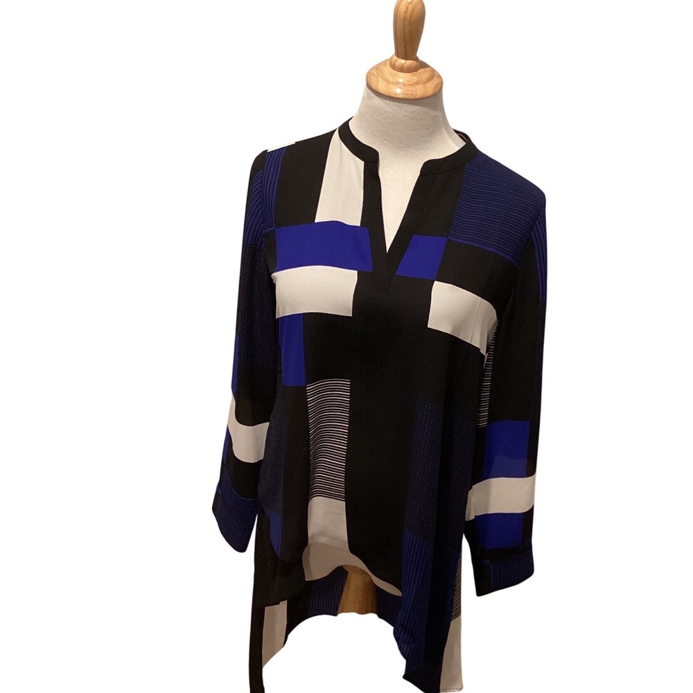 Chico's Geometric Colorblock Tunic Blouse Blue Black White High Low Size 0 S